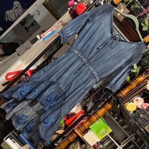 Blue Denim Dress with Embroidered Details